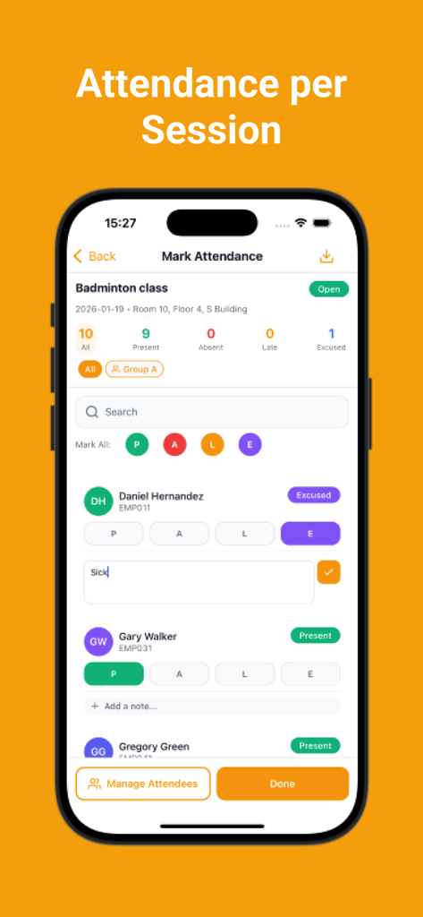 Attendance Tracker Offline - Smartphone screen showing the attendance tracking interface for a session with list of attendees and status buttons