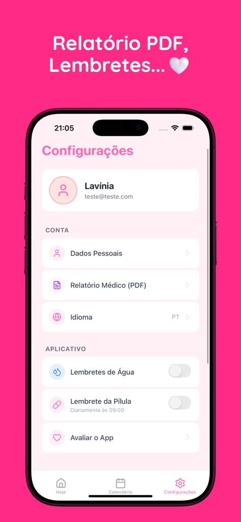 Ciclo Rosa - Settings screen of the Ciclo Rosa app featuring PDF medical reports and wellness reminders for water and pills.