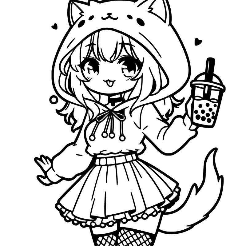 a anime girl with a fluffy cat hoodie with a skirt on and holding boba