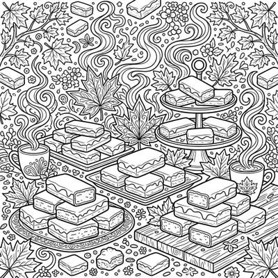Immerse yourself in a sweet autumnal scene with this intricately detailed coloring page featuring delicious maple bars. Discover a charming full scene filled with treats, maple leaves, and warm beverages, perfect for a cozy creative session.