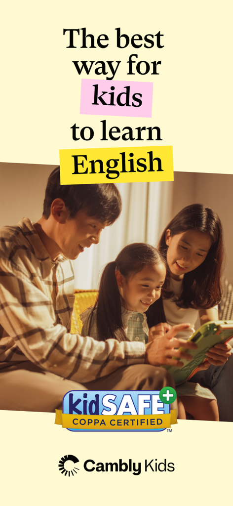 Eine Familie nutzt gemeinsam ein Tablet, um mit der Cambly Kids App Englisch zu lernen