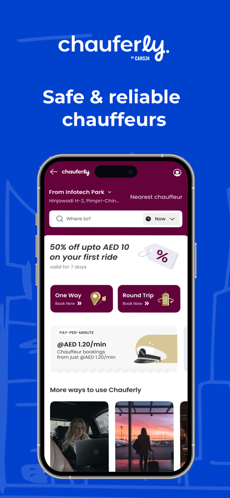 CARS24 UAE: Used cars, Drivers - Chauferly by CARS24 app interface for booking professional chauffeurs in Dubai