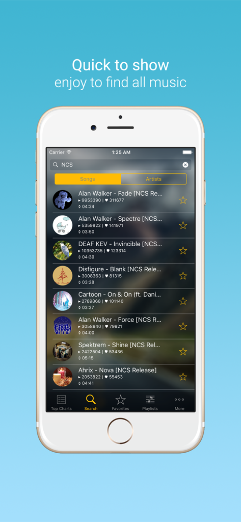Music player app search screen showing a list of songs from NCS