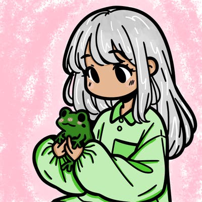 girl with long hair and a oversized shirt. and she is holding a frog