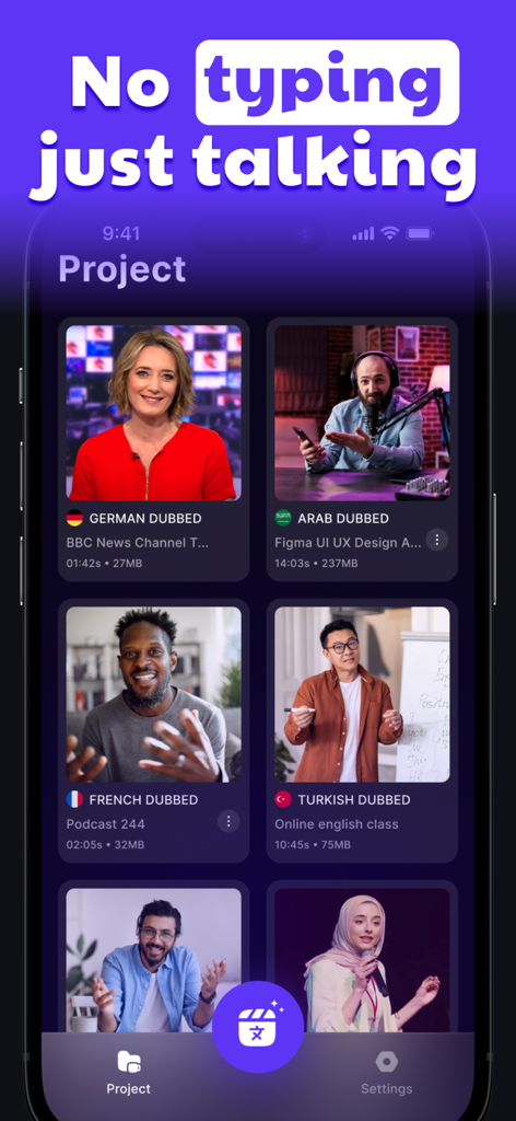 AI Video Translator - DUB it! - AI動画翻訳アプリのスクリーンショットで、ドイツ語、アラビア語、フランス語などの言語でダビングされた動画プロジェクトのリストが表示されています。