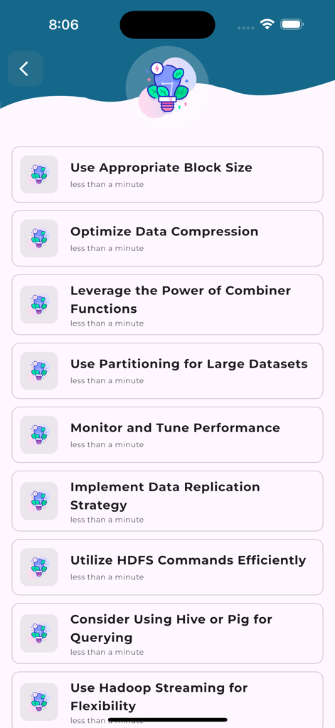 プロフェッショナルなHadoopとビッグデータの最適化のヒントとコツのリストを表示するアプリ画面。