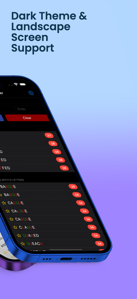 Word Unscrambler, Word Machine - Word Unscrambler app interface showing dark theme and high scoring word results with point values