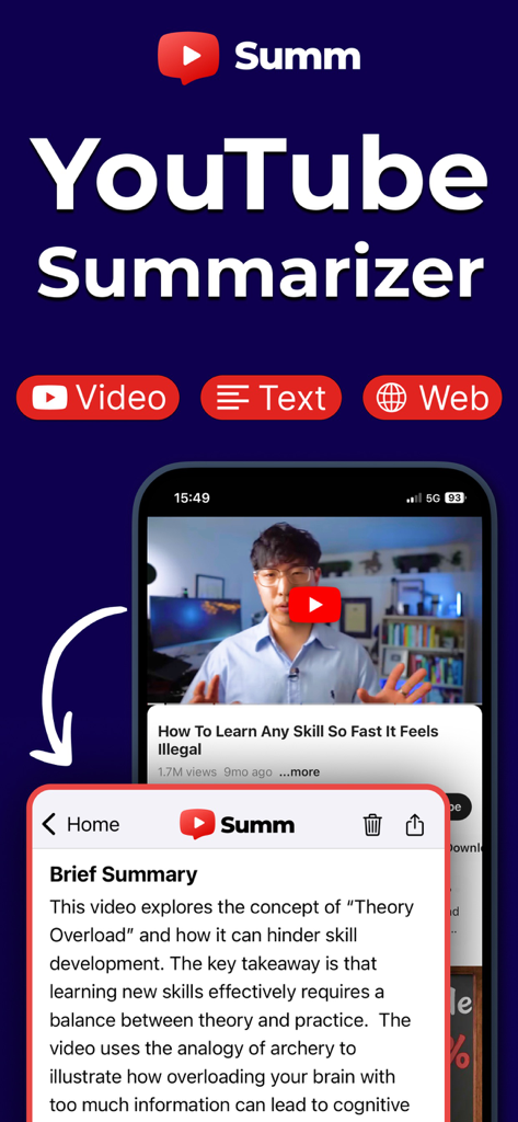 Teléfono inteligente mostrando un breve resumen de IA de un video de YouTube con opciones para texto de video y resumen web
