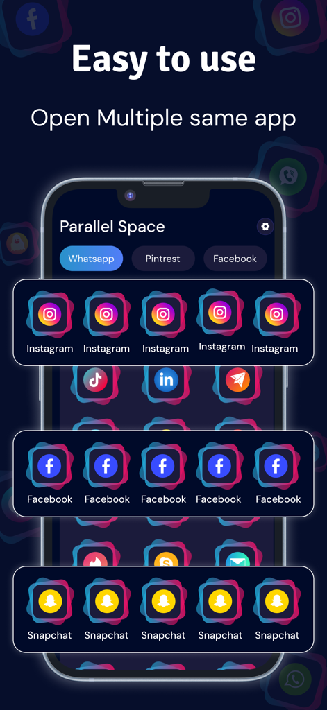 Multiple Accounts - Dual Space - User interface of the Multiple Accounts Dual Space app showing multiple instances of Instagram Facebook and Snapchat on an iPhone screen