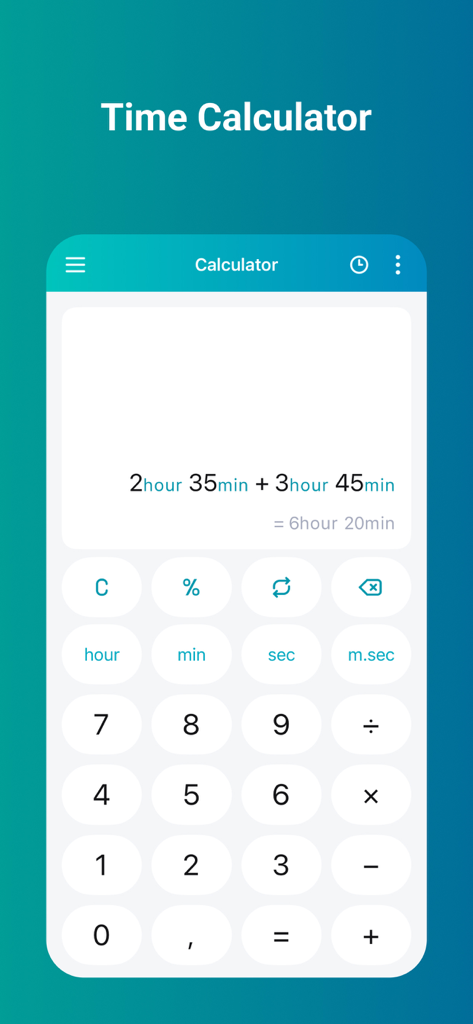Interface of the Time Calculator app showing an addition of hours and minutes.