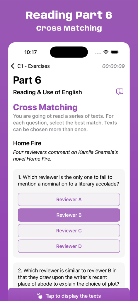 Interfaccia dell'app Cambridge C1 Exam Simulator che mostra una domanda di Cross Matching Parte 6 di Reading con opzioni a scelta multipla per i revisori.