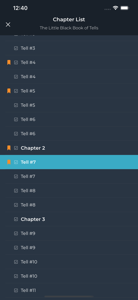 Fuzzy Yellow Balls - A chapter list for the Little Black Book of Tells featuring tennis strategies and tips within the Fuzzy Yellow Balls app.