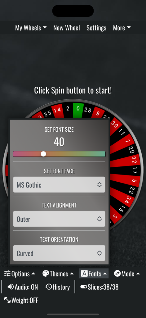 Menu de personalização de fonte no aplicativo Spin The Wheel com opções de tamanho, tipo de letra, alinhamento e orientação do texto.