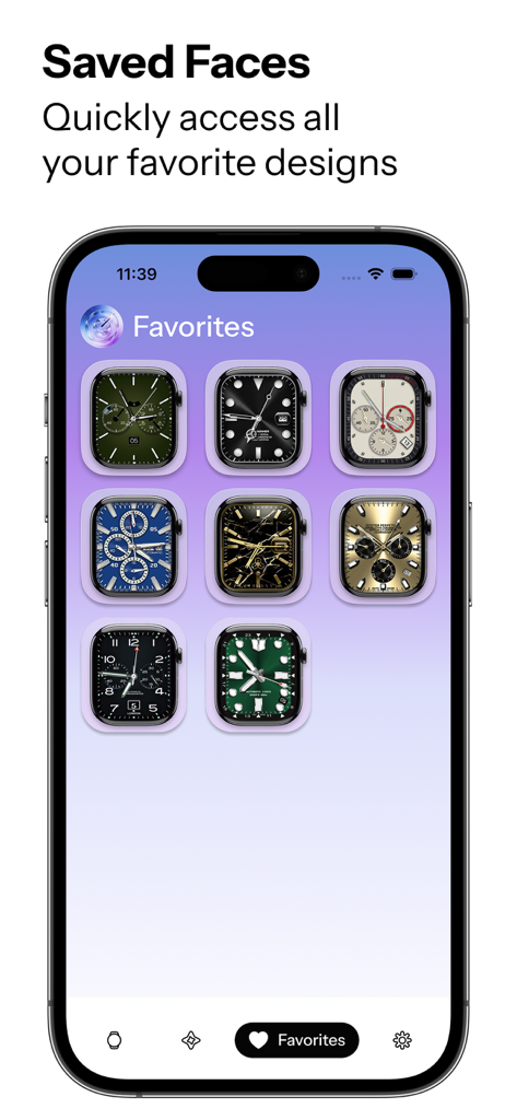 Zonex: Faces Gallery - Una colección de esferas de Apple Watch favoritas guardadas que se muestran en la pantalla de un iPhone en la aplicación Zonex