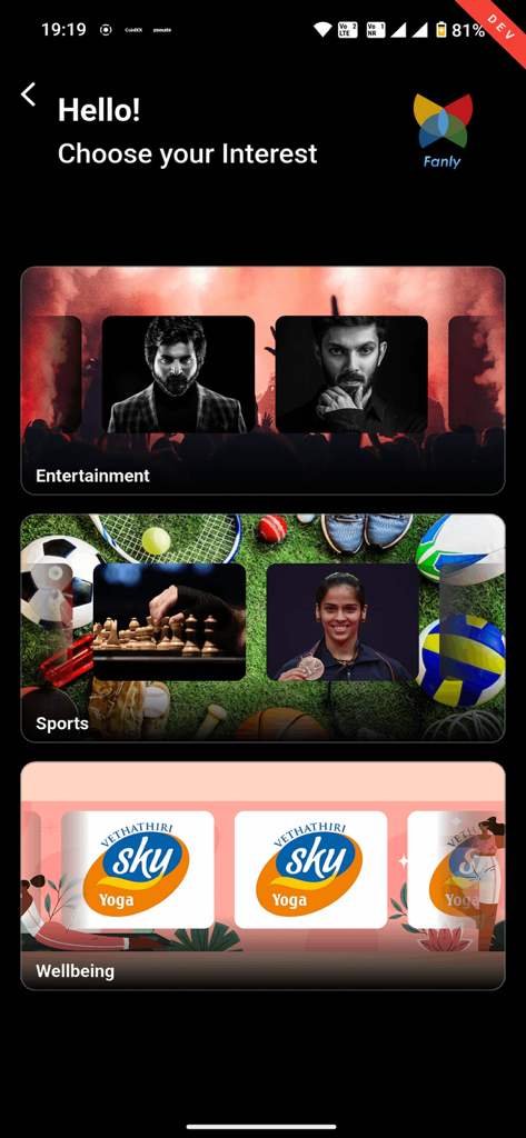 Fanly - La schermata di selezione interessi dell'app Fanly che mostra le categorie per intrattenimento, sport e benessere.