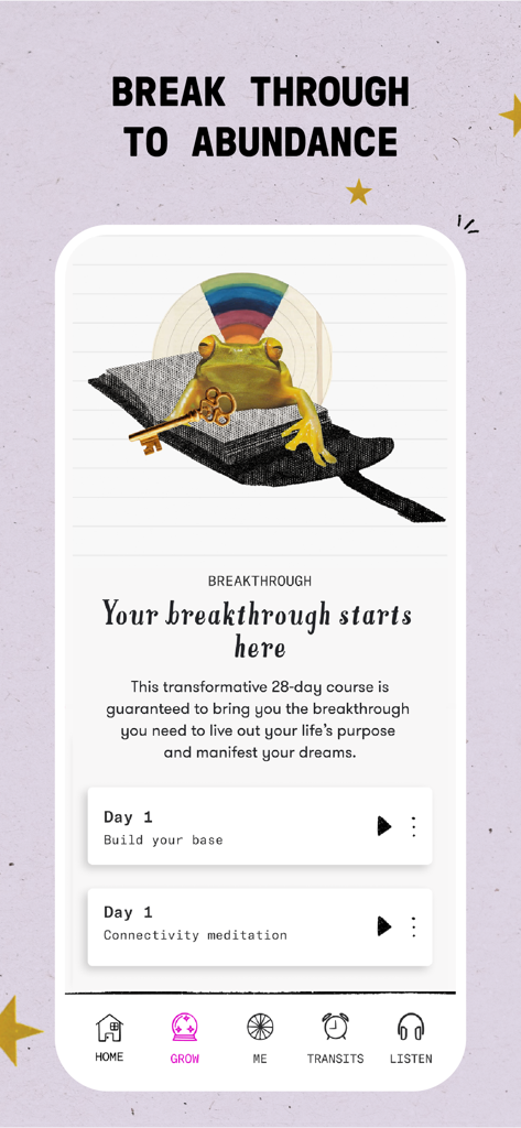 Interface of the CHANI astrology app showing a 28-day breakthrough course for abundance and meditation