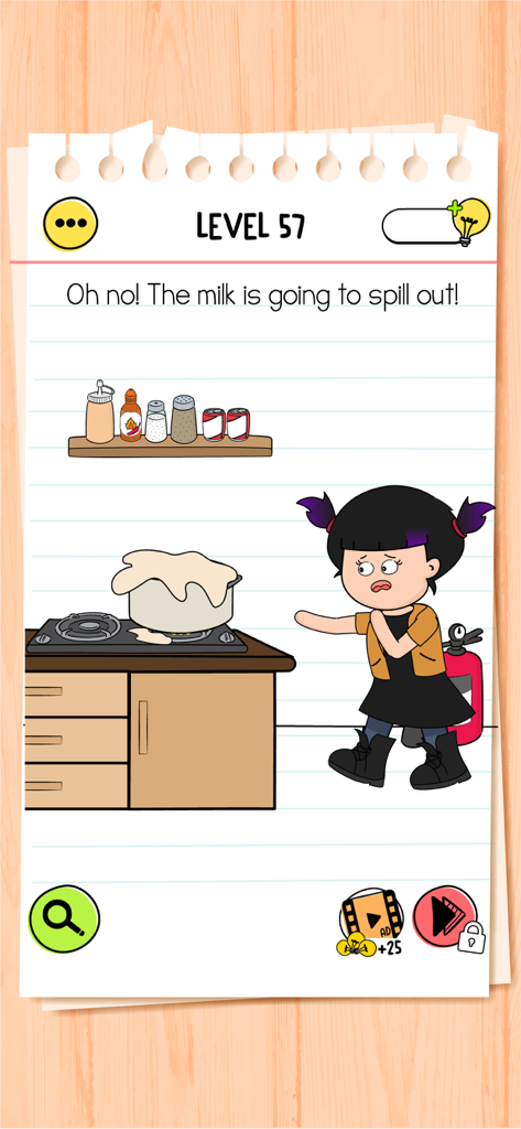 Brain Test 4 gameplay screenshot of Level 57 where a character is worried about milk boiling over on a stove.