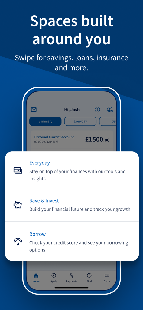 Halifax Mobile Banking app interface displaying personalized spaces for everyday banking, saving, investing, and borrowing.
