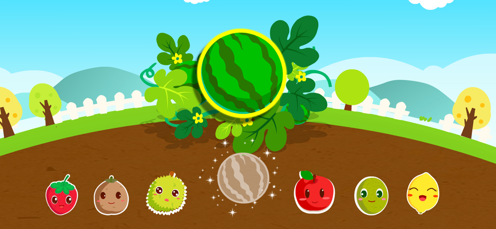 Panda  Learns about Fruit - A children's educational game screen showing a watermelon matching activity with cute fruit characters
