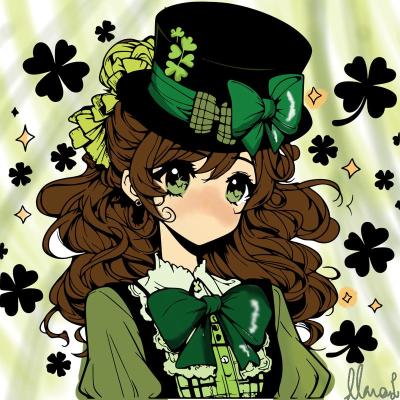 a manga-style girl with clovers around her, a little hat in her hair, like it's saint patrick's day