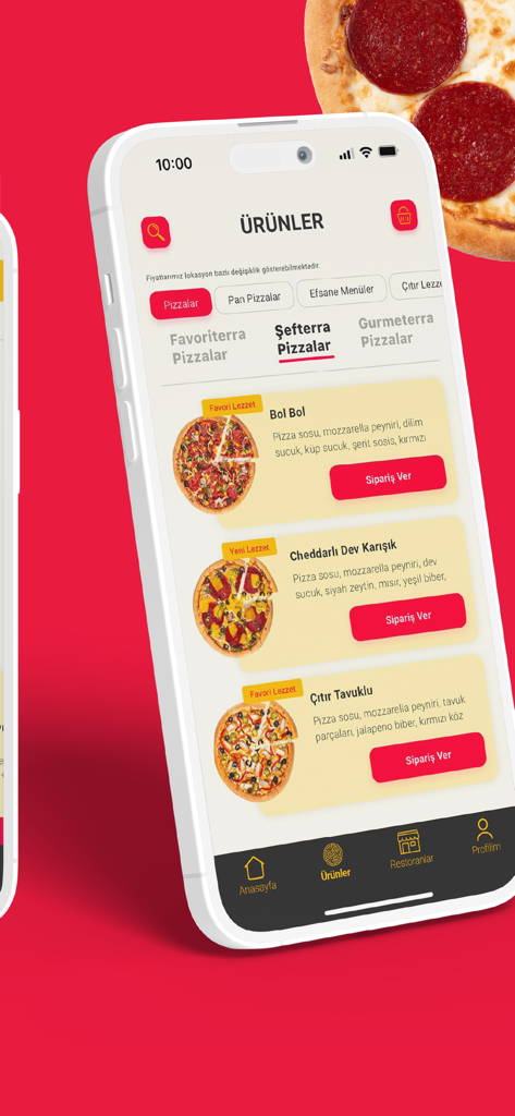 Terra Pizza - Terra Pizzaのモバイルアプリのインターフェース。ピザの種類のメニューと注文ボタンが表示されています。