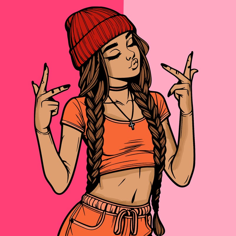 realistic teenage girl with braids and a beanie and crop top doing 🫶🏼