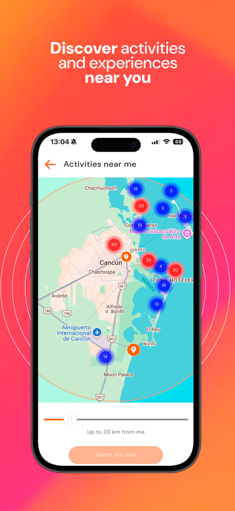 NexusTours app map interface showing local activities and experiences around Cancun