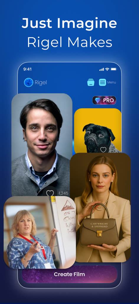 Rigel AI Film Generator - Rigel AI Film Generator app interface showing diverse AI generated character videos including people and a dog