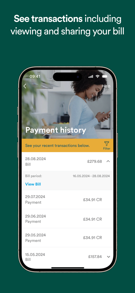 United Utilities: Your Water - A mobile app screen displaying the payment history and transaction list for a United Utilities water account.