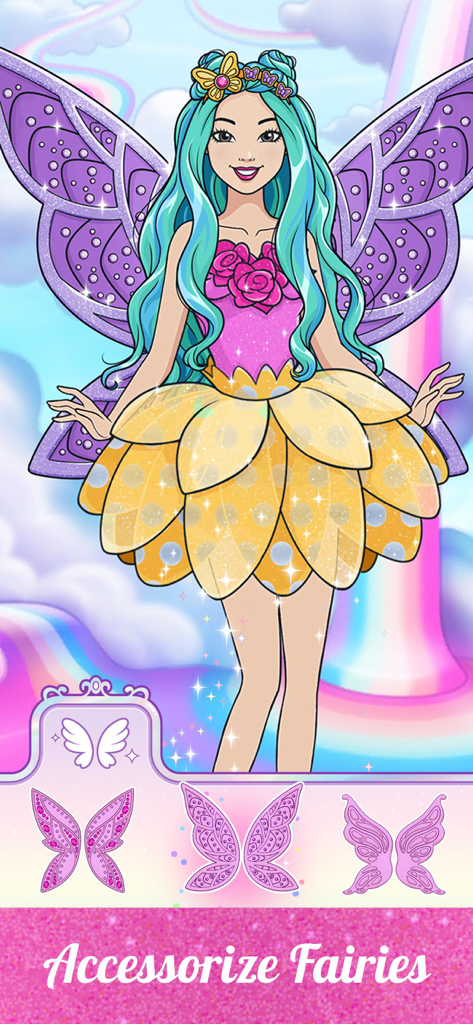 Barbie Magical Fashion - Barbie vestita da fata con ali viola e una gonna di petali gialla nell'app Magical Fashion.