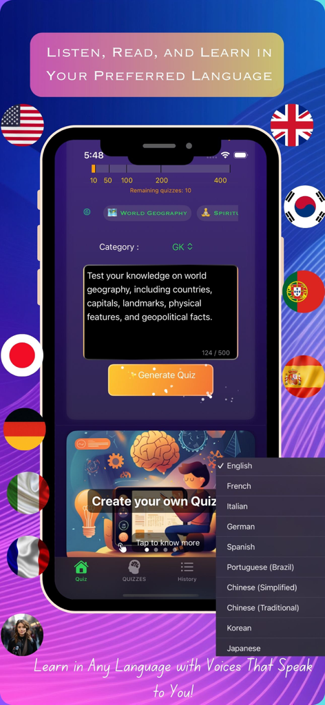 AI Quiz Maker: Flashcards - Interfaz de la aplicación AI Quiz Maker mostrando la selección de idioma para aprendizaje y cuestionarios personalizados