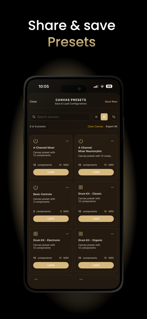 Tandem MIDI Canvas - Uma biblioteca de presets salvos do canvas MIDI, incluindo layouts de mixer e kit de bateria