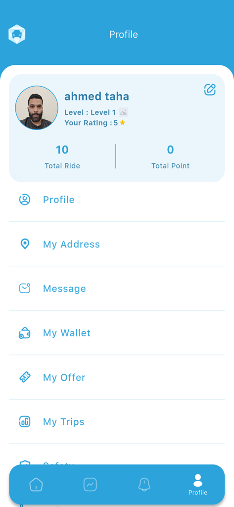 وانيت - The user profile interface of the Waneet app showing account details, ride statistics, and navigation menu