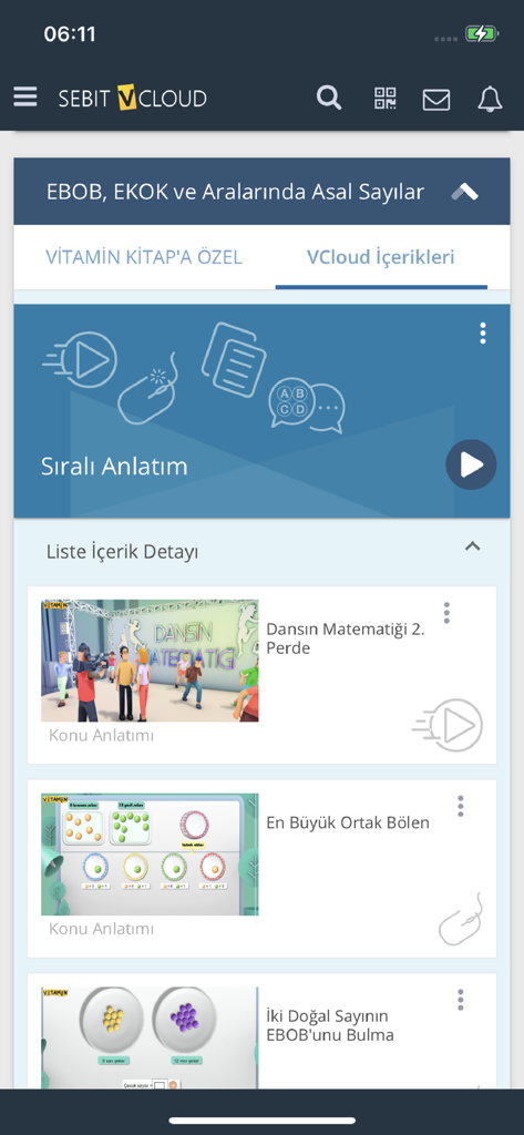 Sebit VCloud - Mobile app interface of Sebit VCloud displaying a list of mathematics lecture videos and educational content