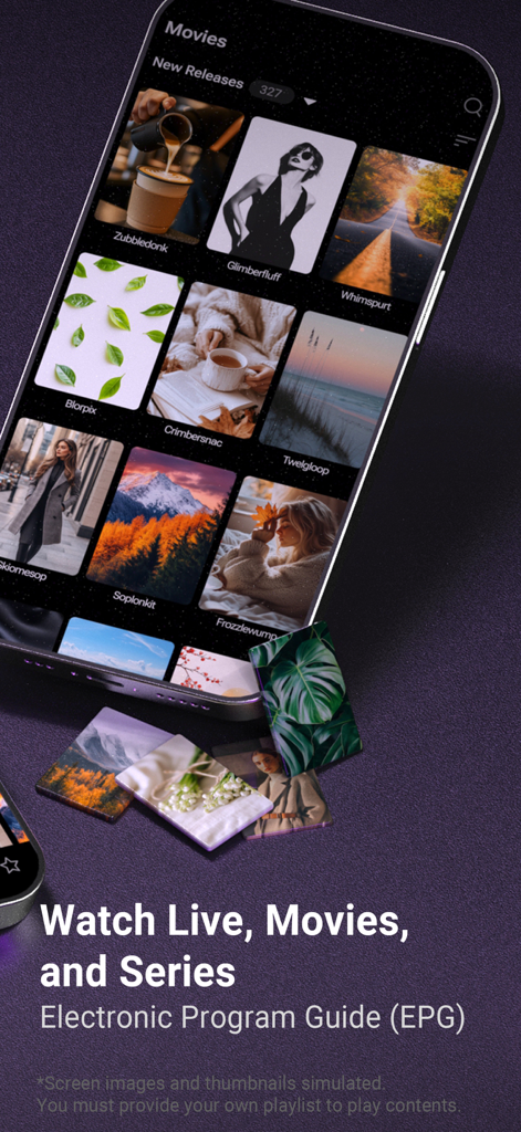 MYTVOnline app interface showing movie library and EPG features