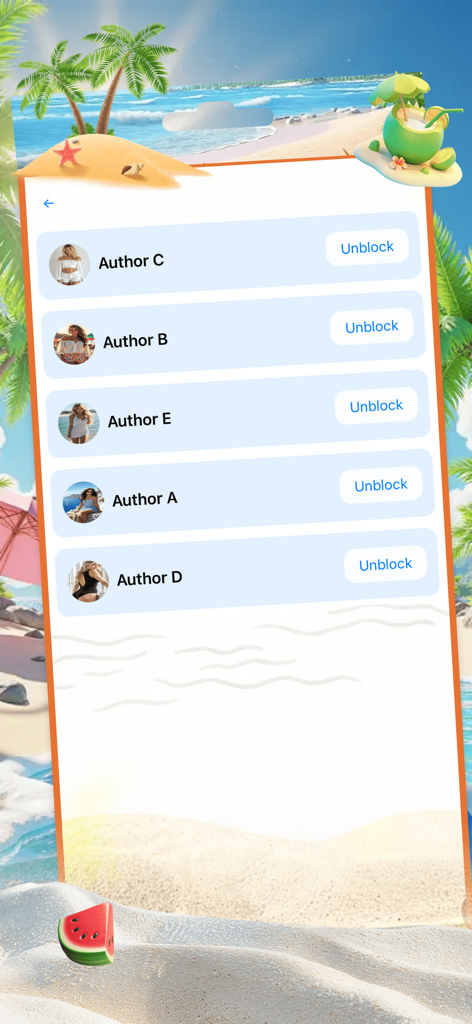 Suzo - Beam & Friend - A list of blocked authors in the Suzo app with unblock buttons on a summer beach background.