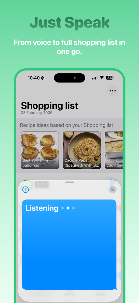 Rapp: Recipes & Shopping List - Rapp App-Bildschirm, der die Sprachdiktierfunktion zur Erstellung von Einkaufslisten und Rezeptideen zeigt.