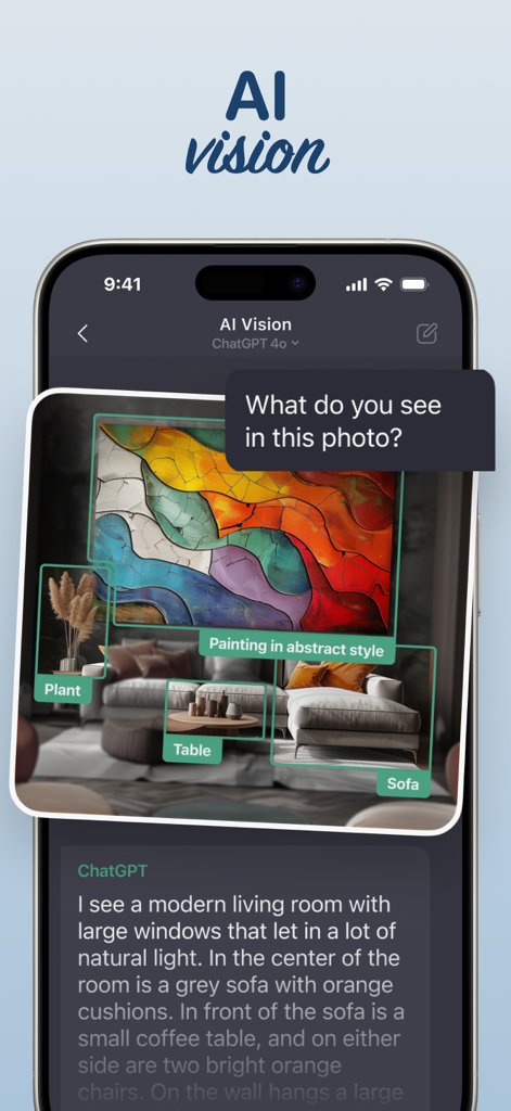 Función de la app AI Chat Assistant que muestra AI Vision identificando objetos en una imagen de una sala de estar.