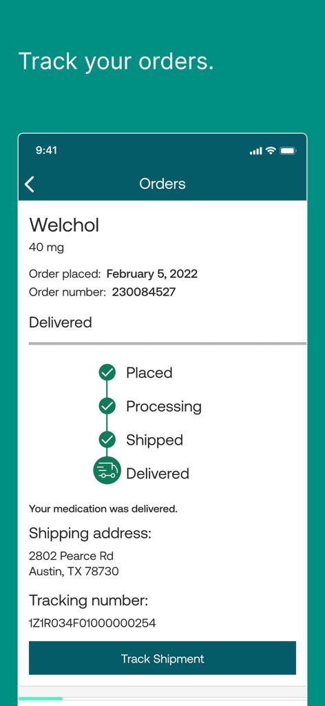 Interface de l'application Express Scripts pour suivre le statut de livraison d'une commande de médicaments