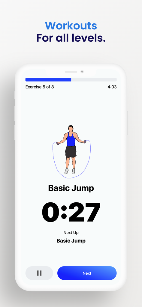Jump Rope Challenge App - Workout timer screen in the Jump Rope Challenge app featuring a basic jump exercise animation