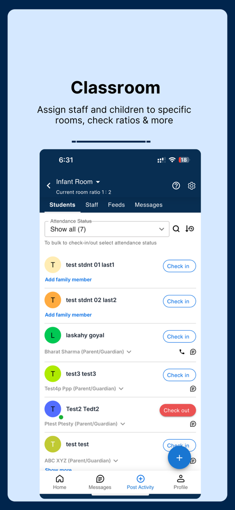My Kid Reports Childcare App - Classroom management screen in My Kid Reports showing student attendance tracking and check in status