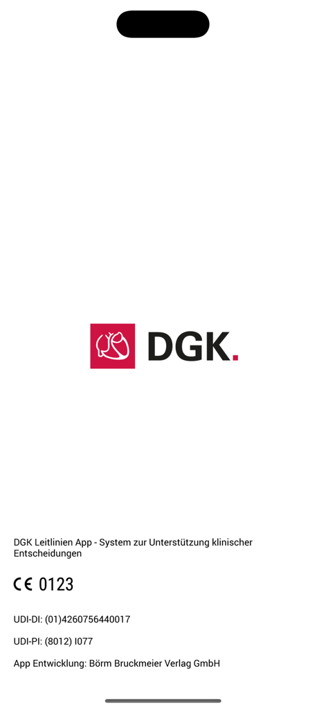 DGK Pocket-Leitlinien - DGK Pocket-Leitlinien app splash screen featuring the German Cardiac Society logo and CE certification mark.