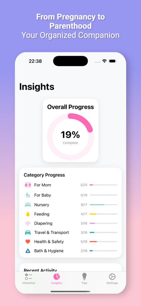 Mobile app screen showing a summary of baby shopping progress by category including nursery and feeding