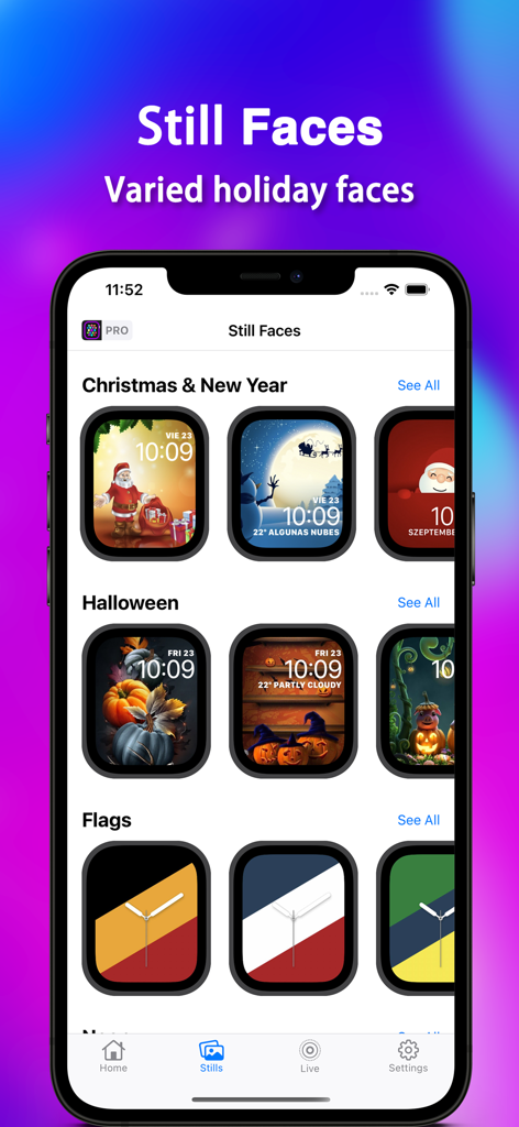 Watch Faces Pro - UltraFace - Interface of the Watch Faces Pro app showing holiday themed watch faces for Christmas and Halloween.