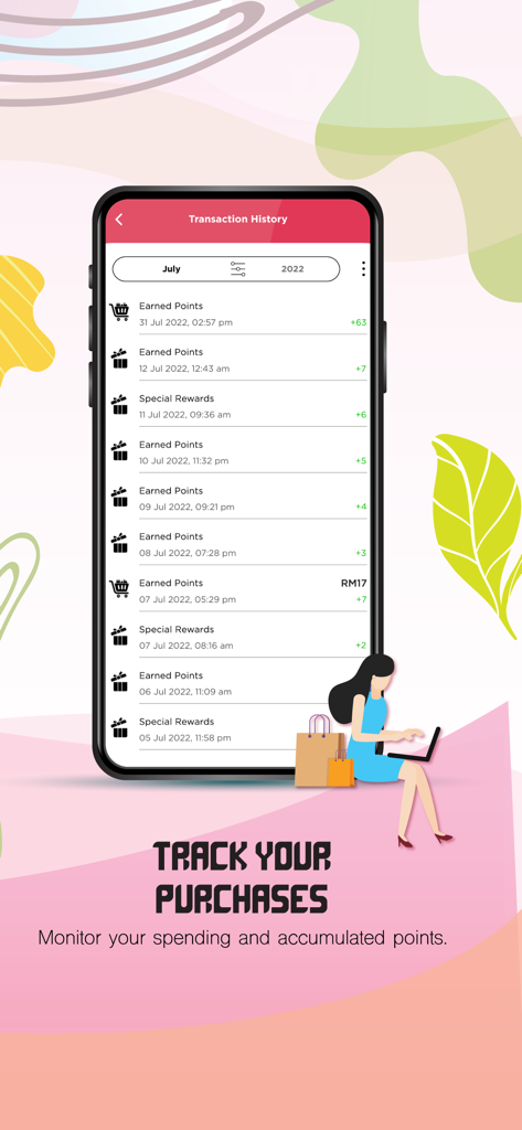 MYSOGO app screen showing transaction history and accumulated rewards points