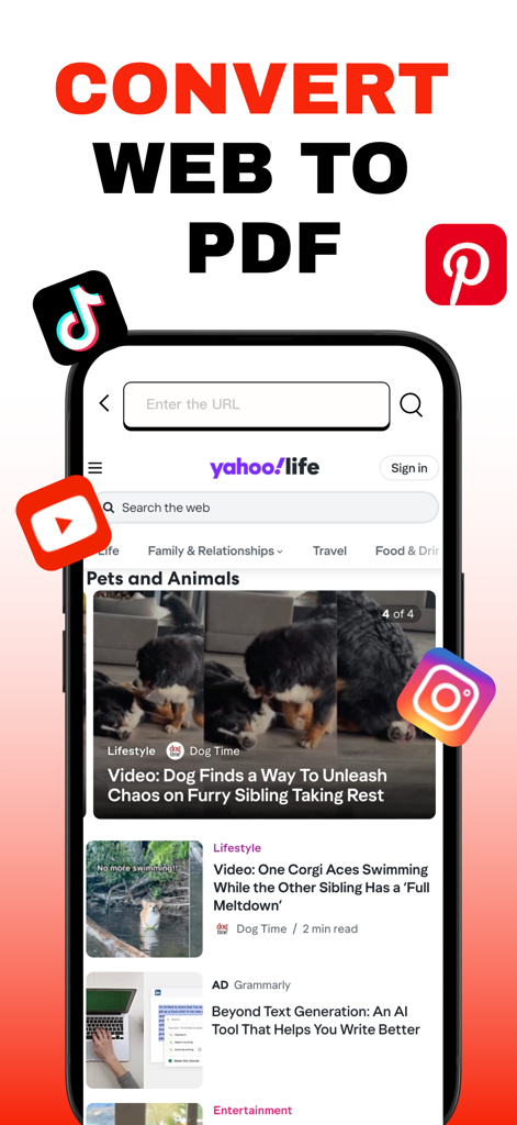 Interfaccia dello smartphone che mostra la funzione di conversione da web a PDF con icone di social media e una vista del browser mobile