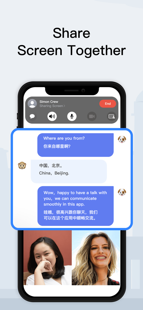 Smartphone showing a video call with real-time text translation in English and Chinese