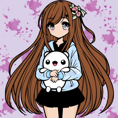 a girl with long hair holding a plushie also anime styled