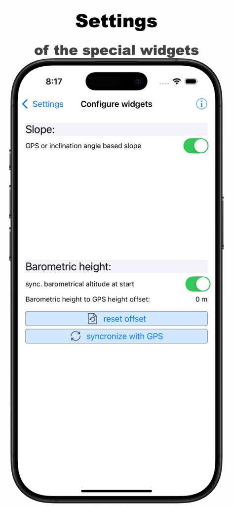 Pantalla de configuración para configurar widgets de pendiente y altura barométrica en la aplicación Compass Professional