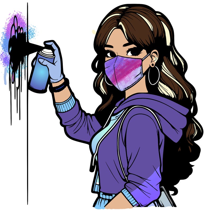 realistic girl with mask spray painting a wall